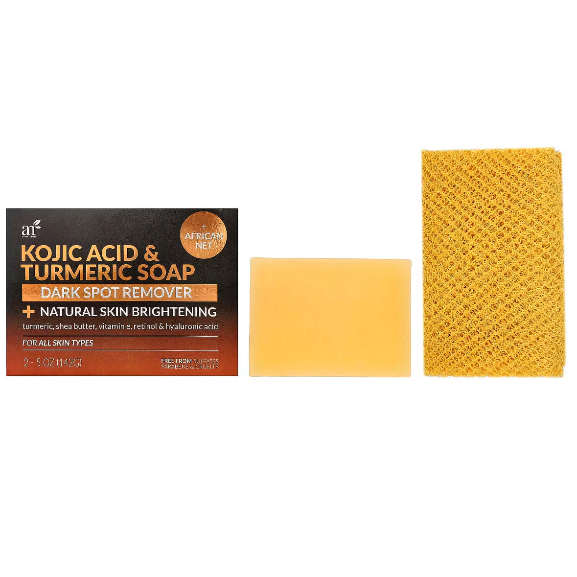 Artnaturals Kojic Acid & Turmeric Bar Soap + African Net 2 Bars (142 g) Each