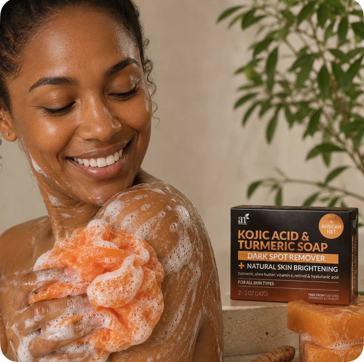 Artnaturals Kojic Acid & Turmeric Bar Soap + African Net 2 Bars (142 g) Each
