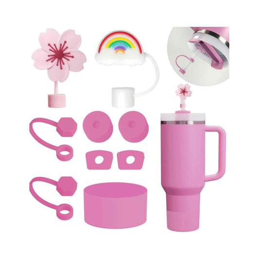 مجموعة ملحقات أكواب ستانلي تتضمن 6 قطع من سدادة السيليكون المقاومة للانسكاب، و2 قطعة من غطاء القشة لقشات 9-10 مم، وقطعة واحدة من غطاء السيليكون لأكواب ستانلي (زهرة الفاوانيا)