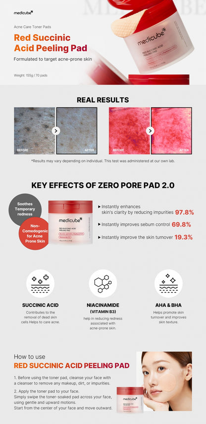 Medicube acne Red Succinic Peeling Pad (70 Pads)