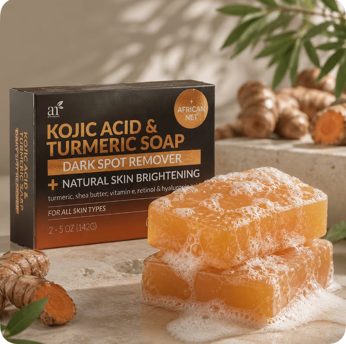 Artnaturals Kojic Acid & Turmeric Bar Soap + African Net 2 Bars (142 g) Each