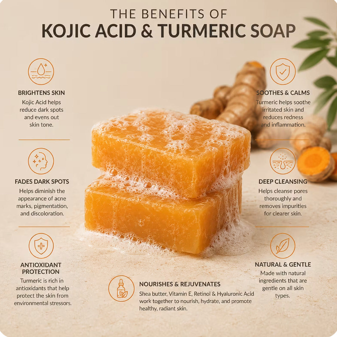 Artnaturals Kojic Acid & Turmeric Bar Soap + African Net 2 Bars (142 g) Each