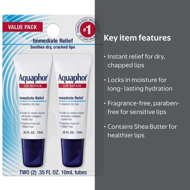Aquaphor Lip Repair Immediate Relief Fragrance Free 2 Tubes 10 ml Each