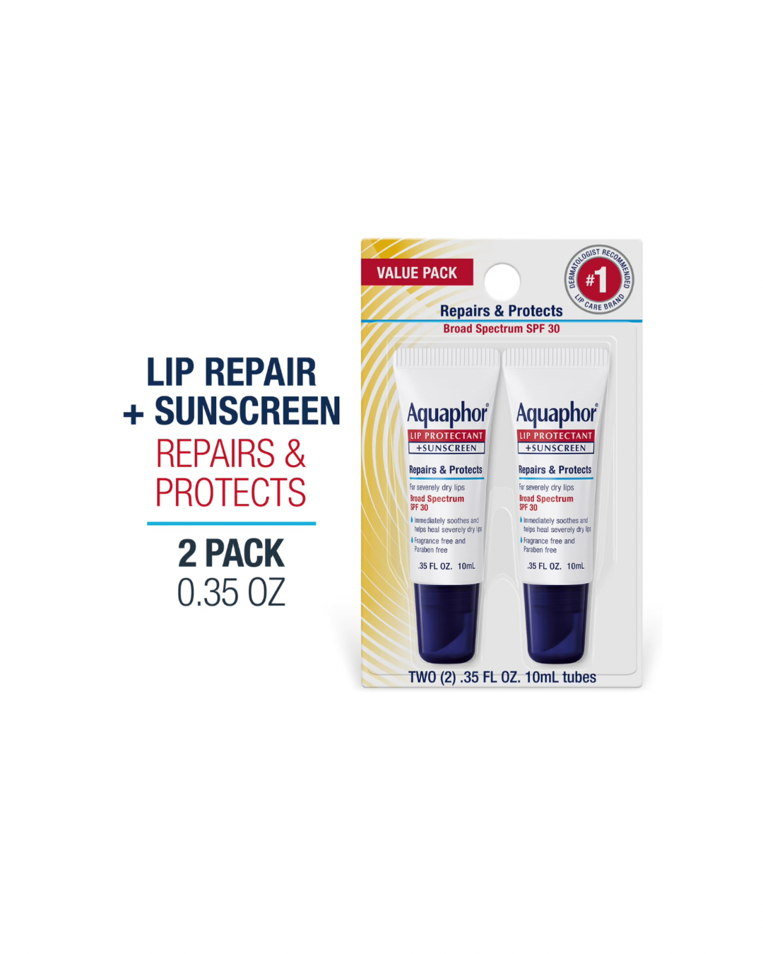 Aquaphor Lip Protectant + Sunscreen SPF 30 Fragrance Free 2 Tubes 10 ml Each