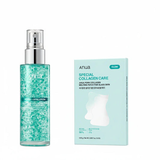 Anua PDRN Collagen Wrinkle Intensive Smoothing Set for Glass Skin set of 2 ( 1 box eye patches + 1 full size spray )